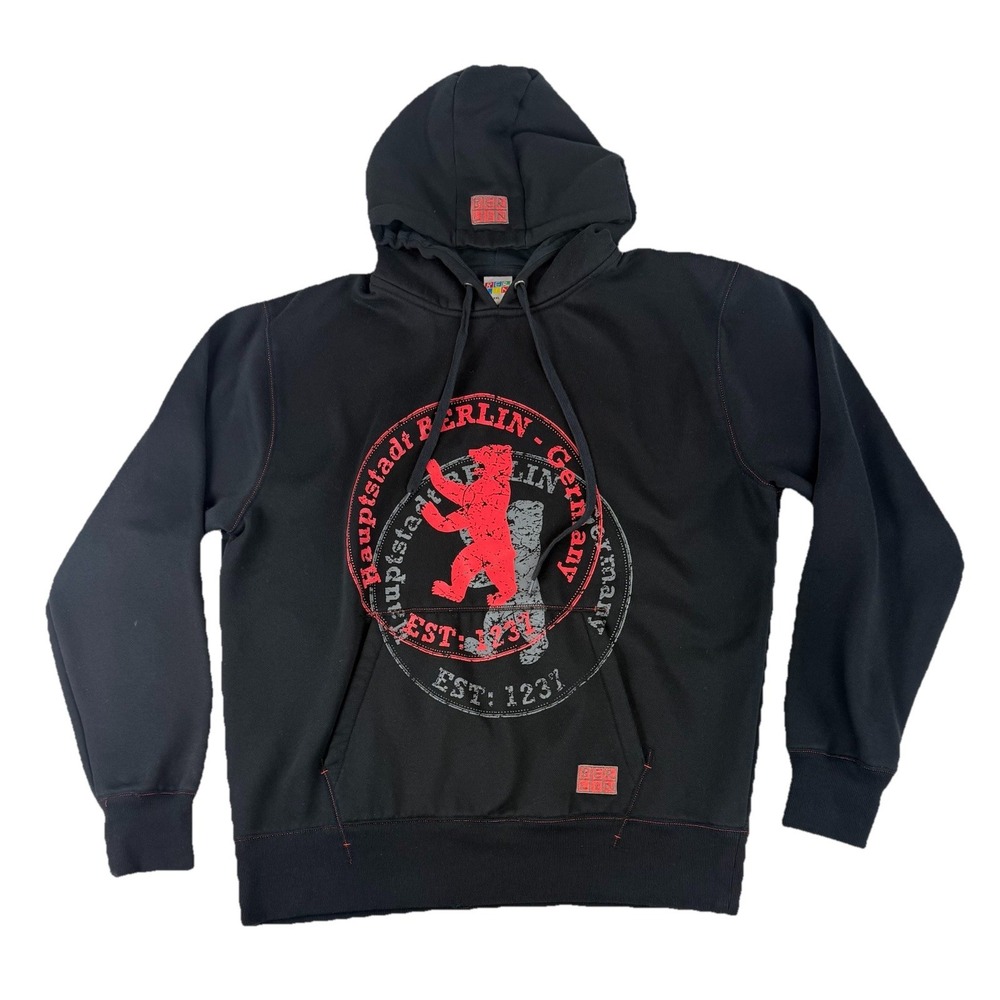 Hauptstadt Berlin Germany Bear‎ Y2K Hooded Sweatshirt Men's XXL 2XL Black Red